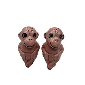 Vintage Ceramic Monkey Salt & Pepper Shaker Set Pink Hand-Painted Collectible